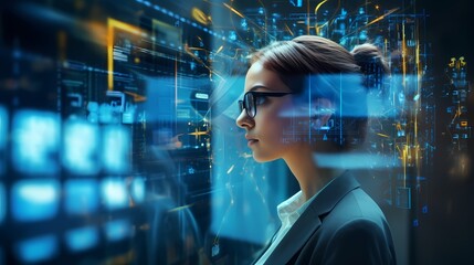 A woman in deep thought, connected to a digital neural network with glowing nodes.