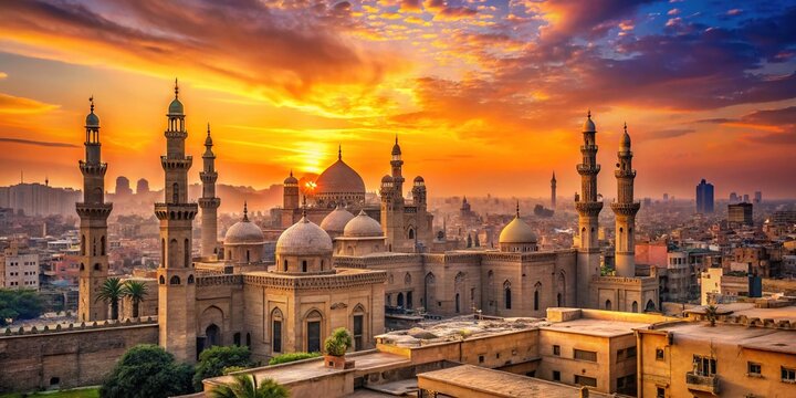 Vibrant cityscape of Cairo at sunset, with majestic mosques, ancient minarets, and modern skyscrapers juxtaposed against a warm orange and pink-hued desert sky.