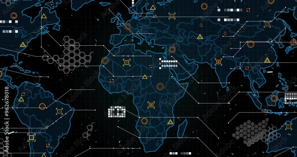 Poster animating world map with data points and network connections for presentation