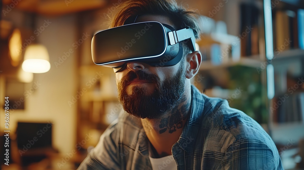 Poster graphic designer using virtual reality headset for 3d visualization and immersive design