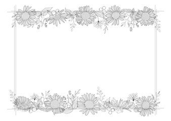 ひまわりの線画のイラスト、フレーム、背景素材