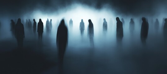 Abstract Ghostly Figures in Dark Room with Foggy Spooky Halloween Background
