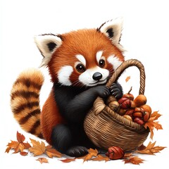 Obraz premium A red panda with a Thanksgiving cornucopia clipart, playful and whimsical, warm earthy tones, digital painting, isolated on white background