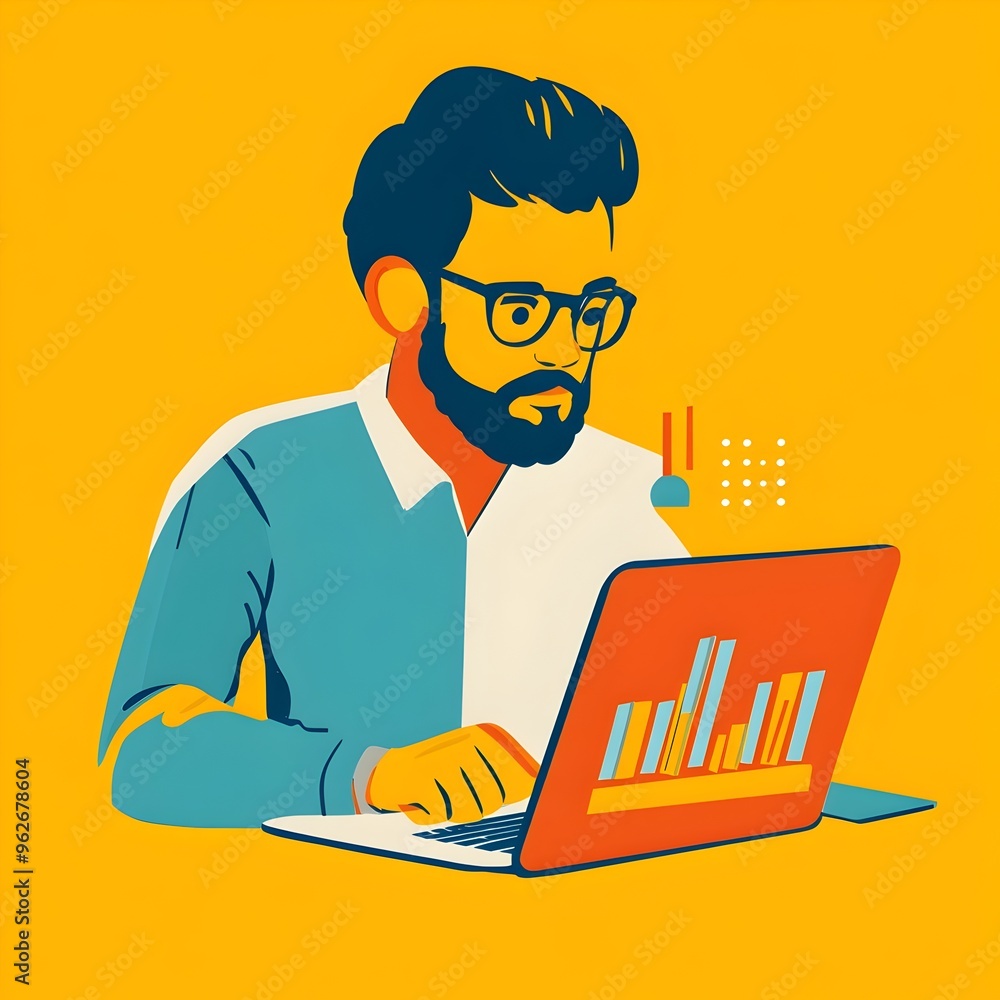 Poster flat style character analyzing business data on laptop for strategizing and planning