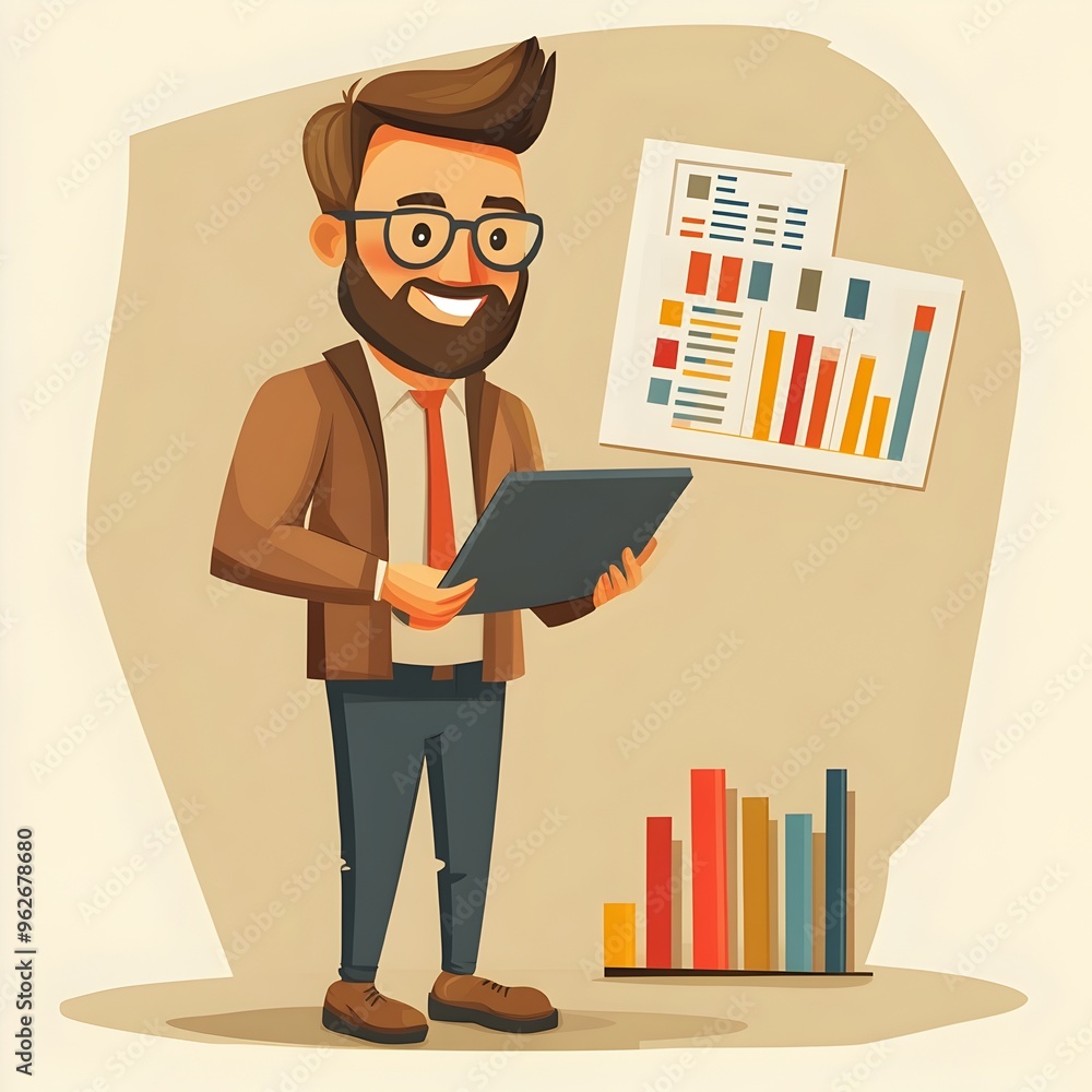 Aufkleber flat style business manager with tablet presenting data analytics and infographics
