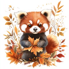 Obraz premium A Thanksgiving invitation with a red panda and autumn leaves clipart, charming and inviting, warm tones, digital illustration, isolated on white background
