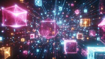 Obraz premium A vibrant digital scene featuring glowing geometric shapes and particles in motion.
