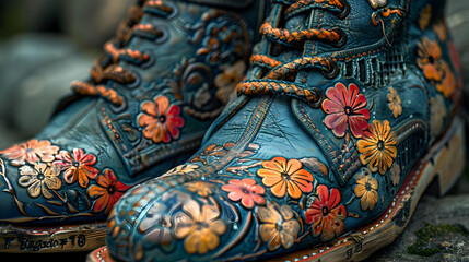 Floral Embroidered Blue Leather Boots - Close Up Photography