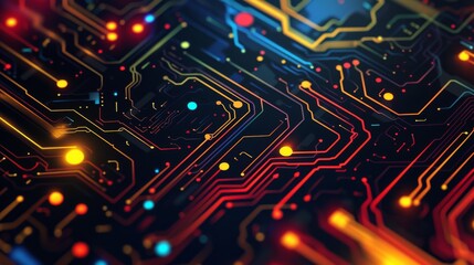 An abstract illustration of a neon circuit board pattern illuminated with colorful lights, creating a dynamic and futuristic visual. Perfect for tech and digital themed designs.
