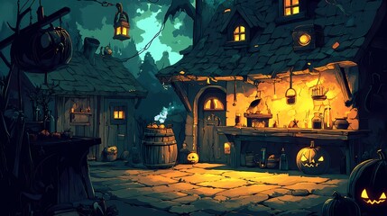 A quaint, dimly lit village street with a rustic, wooden shop lit by flickering lanterns and a glowing fireplace, adorned with pumpkins and other spooky Halloween decor.