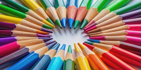Fototapeta premium Closeup of multicolored pencil tips arranged in a circular pattern, colorful, pencils, tips, circular, arrangement