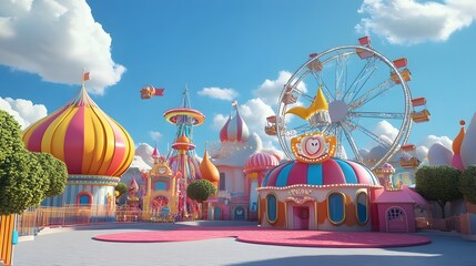 A 3D animated scene featuring a whimsical, smile themed amusement park with rides and attractions all designed to celebrate smiles and laughter