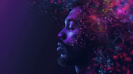 Obraz premium A man with closed eyes is surrounded by vibrant, abstract digital designs symbolizing creativity and innovation. The dark background enhances the colorful elements, suggesting a blend of technology