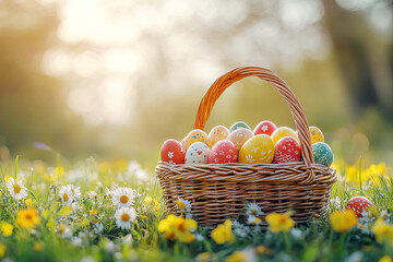 basket with colorful Easter eggs on the green lawn Spring holiday celebration
