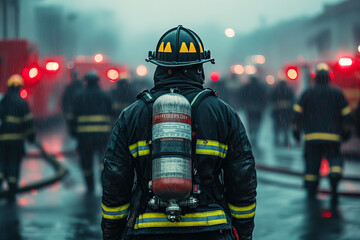 Obraz premium man in helmet on background of fire, Celebrations the hard work of firefighter on Firefighters Day,