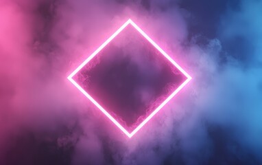 Neon square frames radiating in a foggy room top view symbolizing the blending of modern design and digital art technology tone vivid