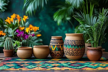 Fototapeta premium Colorful handmade pots with vibrant plants on a decorative rug in a tropical setting