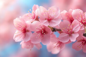 Spring blossoms of pink cherry flowers in full bloom against a soft blue sky during sunrise