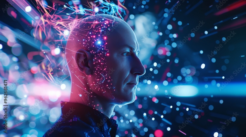 Poster a striking side profile of a bald man with neural network visualizations on his head, symbolizing ar