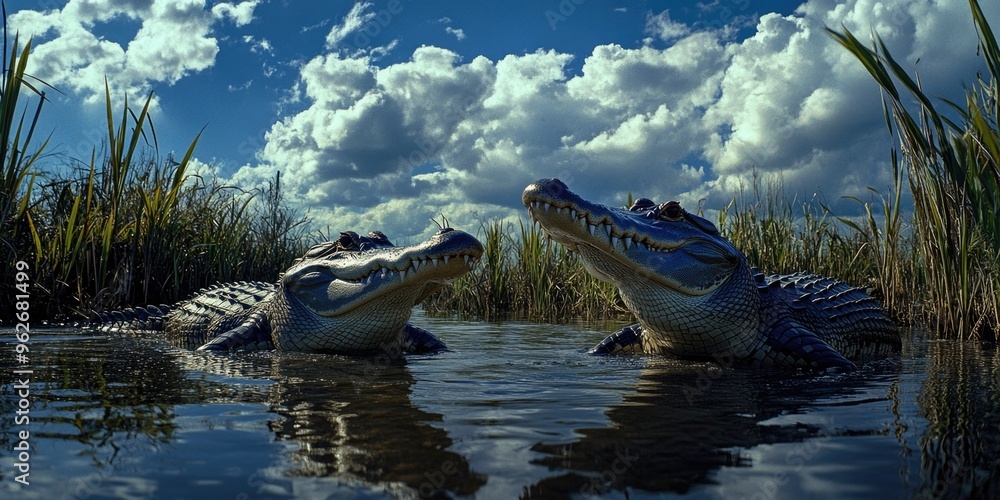 Poster Two alligators in water with cloudy sky