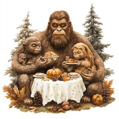 A family of Sasquatch enjoying Thanksgiving dinner clipart, cozy woodland setting, warm earthy tones, digital painting, isolated on white background