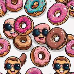 Cartoon donut groovy character. Isolated vector vibrant doughnut pastry dessert personage with funky smile, pink glaze and vividly colorful sprinkles, embodies a 70s vibe, with a wide, cheery smile.