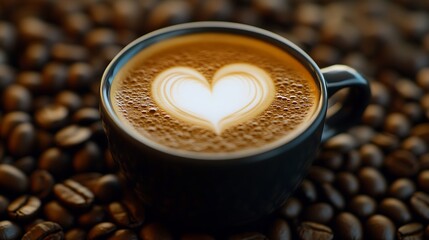 Latte art cup displayed on a coffee bean backdrop with copy space image