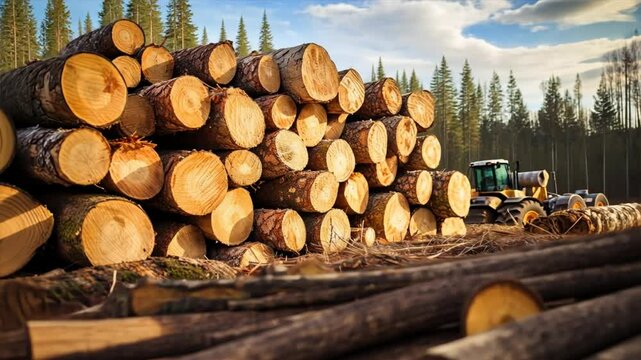 A pile of log trunks stacked neatly in a logging timber yard	
