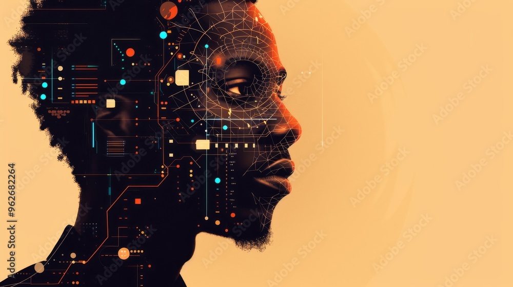 Poster profile of a man with digital graphics and abstract elements surrounding his face. the artistic desi