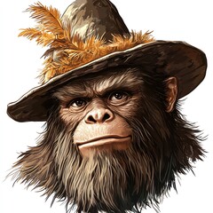 Naklejka premium A Sasquatch wearing a pilgrim hat clipart, humorous and cute, woodland colors, digital painting, isolated on white background