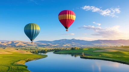 Naklejka premium Majestic Colorful Hot Air Balloons Soaring Above Picturesque Valley Landscape