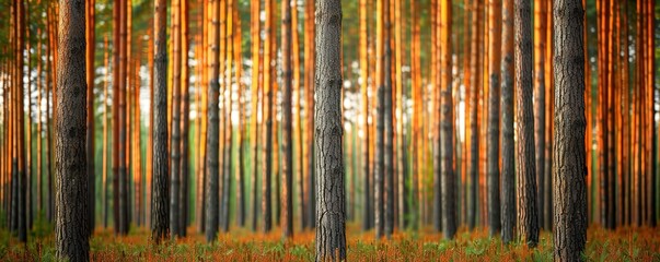 A dense forest of tall pine trees, bathed in the golden light of the setting sun. The scene evokes a sense of tranquility and peace.