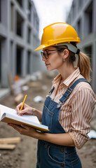 Fototapeta premium A female realtor in a hard hat stands on a construction site, taking notes in her notebook. This image is perfect for promoting real estate, construction projects, and women in the industry