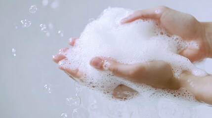 Fototapeta premium Close-Up of Hands Washing with Minimal Soap and Bubbles. The image shows two hands actively washing, with a small amount of soap creating white foam and bubbles. 