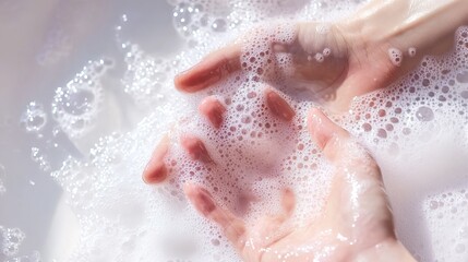 Fototapeta premium Close-Up of Hands Washing with Minimal Soap and Bubbles. The image shows two hands actively washing, with a small amount of soap creating white foam and bubbles. 