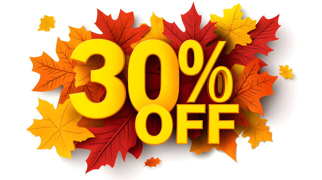 Bold 30 percent off paper-cut text filled with autumn maple leaves texture against white background - Powered by Adobe