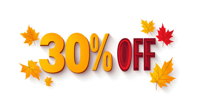 Bold 30 percent off paper-cut text filled with autumn maple leaves texture against white background