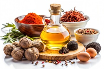 Fresh and aromatic cooking ingredients with olive oil bottle and spices on wooden base