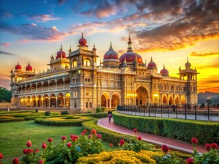 Naklejka premium Vibrant evening scene of majestic Mysore Palace, Karnataka, India, with intricately carved architecture, golden domes, and lush gardens illuminated by warm sunset light.