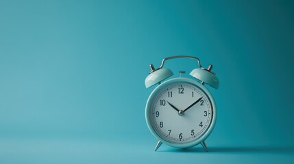 A vintage-style alarm clock in turquoise against a solid blue background.