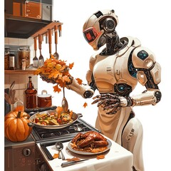 A cyborg chef preparing a Thanksgiving meal in a high-tech kitchen clipart, sleek and creative, vibrant autumn hues, digital painting, isolated on white background