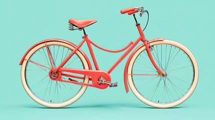 Fototapeta premium A vintage-style bicycle with a coral frame and white tires against a teal background.