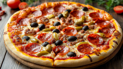 asty pizza with salami and cheese on black background