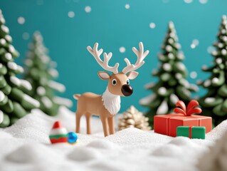 Naklejka premium Santa’s reindeer playing in the snow with whimsical toys, 3D clay render