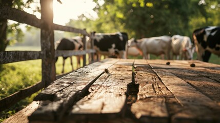 Fototapeta premium empty table table top with blur background of dairy cow farm, Advertisement, Print media, Illustration, Banner, for website, copy space, for word, template, presentation