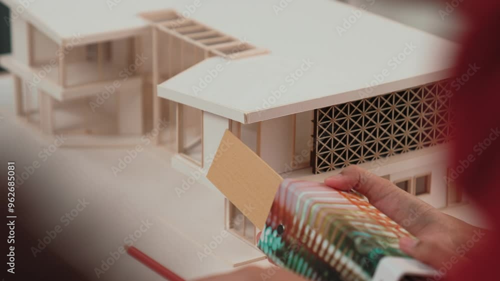 Poster slow motion home designer using architectural equipment draw a blueprint while interior designer sel