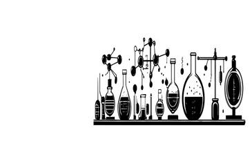 Abstract Chemistry Lab Equipment Illustration Featuring Flasks, Molecules, Test Tubes, and Scientific Instruments - Black and White Vector Design for Science Graphics.