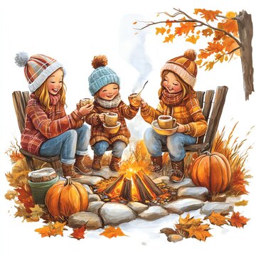 kids toasting mugs campfire autumn scene clip art preview