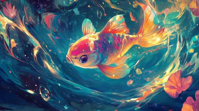Kawaii Matsya Avatar as a cute, friendly fish, swimming through bright, glowing waves with a playful, divine aura, surrounded by peaceful sea creatures