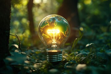 Glowing light bulb in the forest. Eco and environment concept. Renewable Energy.Environmental protection, renewable, sustainable energy sources. with generative ai